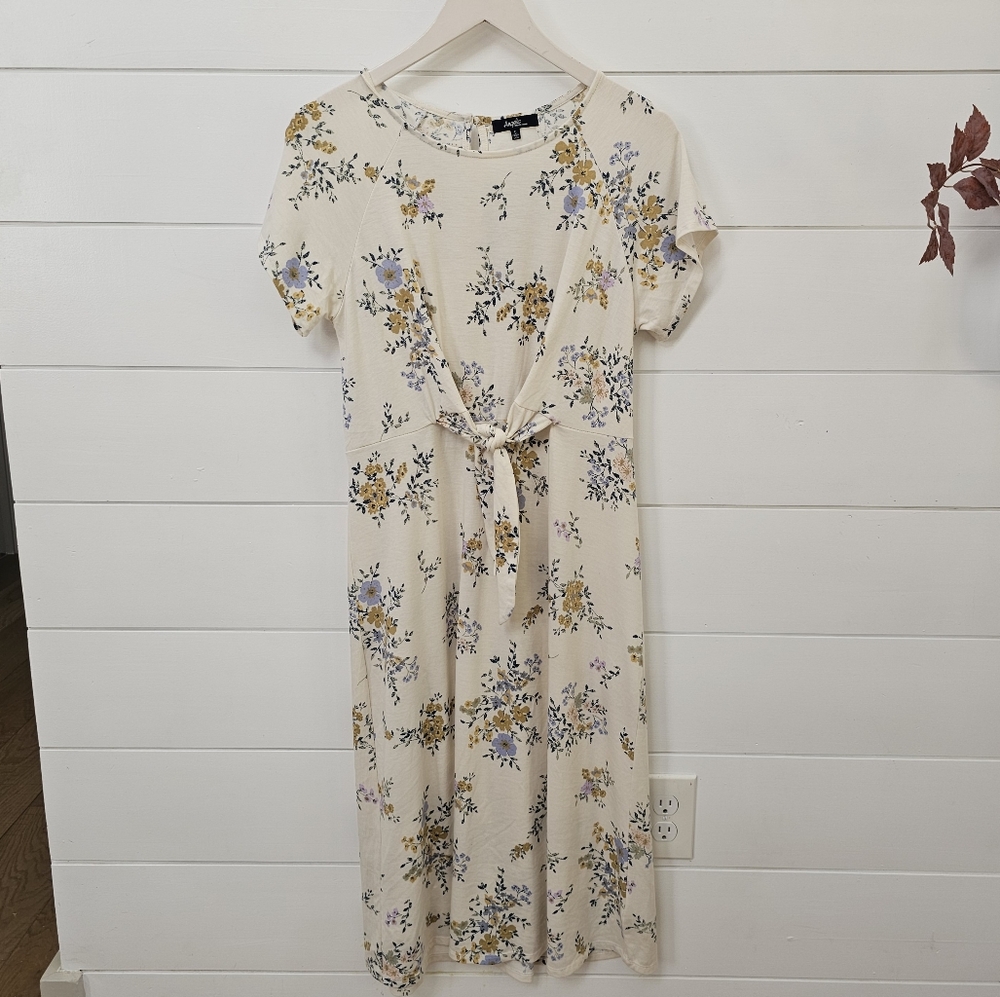 Floral midi dress nuetral beige with marigold flowers sz S